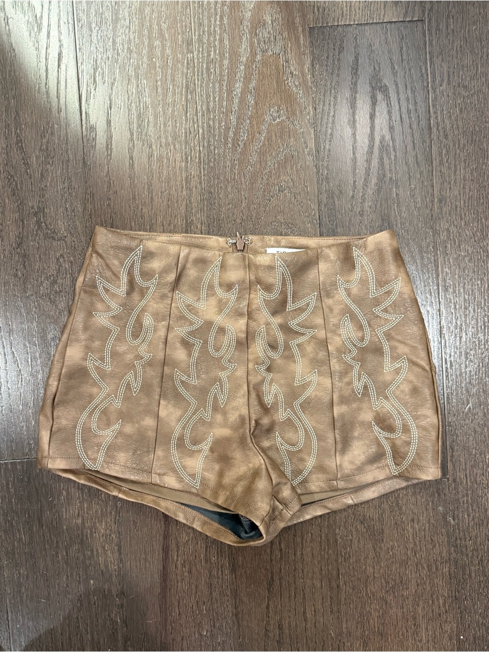 High-Waist Tan Embroidered Faux-Leather Shorts